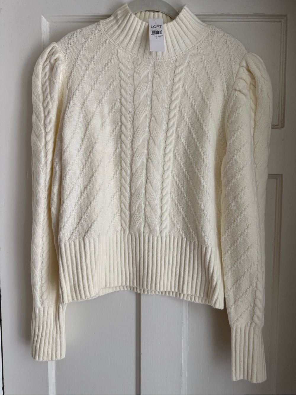 LOFT Ivory Cable Knit Puff Sleeve Turtleneck Sweater